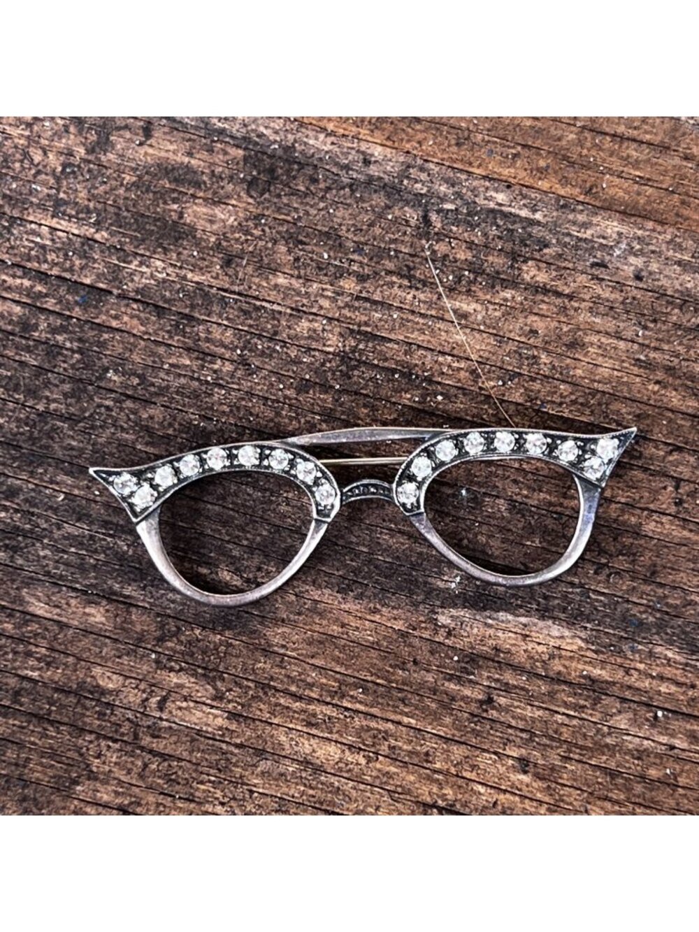 Sterling Silver 925 Rhinestone Cat Eye Glasses Brooch Pin Vintage Retro Jewelry
